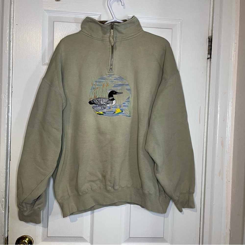 Cream colors pullover quarter zip sweater duck stitched front drop